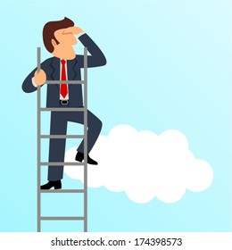 Simple cartoon of a businessman get a better view on a ladder