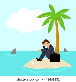 Simple cartoon of a businessman get stuck on island with water full of shark, business, financial crisis, frustration, cast away concept