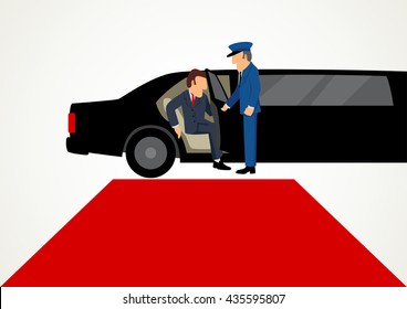 Simple cartoon of businessman getting out from limousine in front of the red carpet, business, success, vip concept