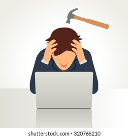 Simple cartoon of a businessman having a headache symbolize by a hammer on his head