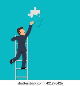Simple cartoon of a businessman on ladder installing the final piece of puzzle. Business, success, final, achievement concept