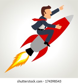 Simple cartoon of a businessman on a rocket