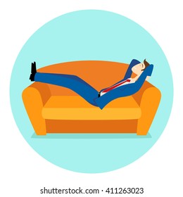 Simple cartoon of a businessman relaxing on sofa, laying, taking a nap, recharge, resting theme