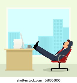 Simple cartoon of a businessman relaxing, sitting in the office