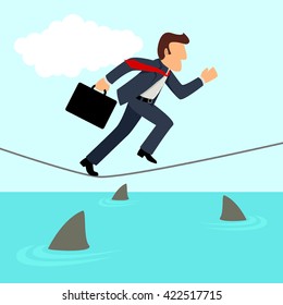 Simple cartoon of a businessman running on rope with sharks underneath. Business risk, chance, opportunity concept