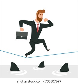 Simple cartoon of a businessman running on rope with sharks underneath. Business risk, chance, opportunity concept,  Illustration Vector Template