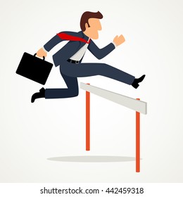 Simple cartoon of businessman running over hurdle, business, challenge, risk, obstacle concept