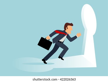 Simple cartoon of a businessman running towards a key hole. Business, chance, success concept