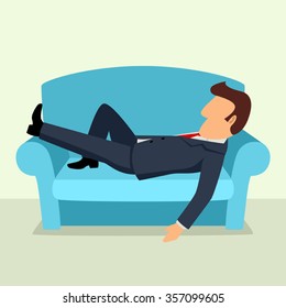 Simple cartoon of a businessman taking a nap on sofa. Laying, relaxing, recharge, resting theme