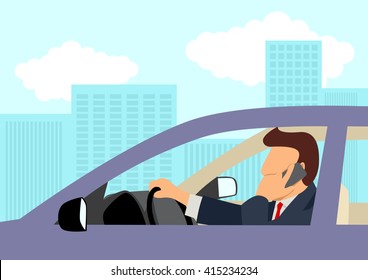 Simple cartoon of a businessman using cellular phone while driving a car