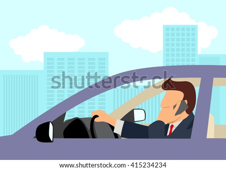 Simple cartoon of a businessman using cellular phone while driving a car