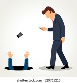 Simple cartoon of a businessman walking and busy with his gadget