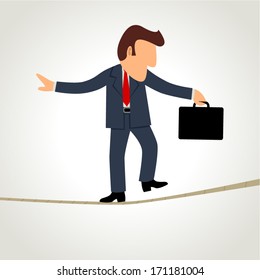 Simple cartoon of a businessman walking on rope