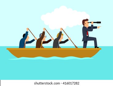 Simple cartoon of businessmen rowing the boat, teamwork, success, leadership concept