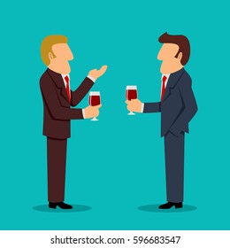 Simple cartoon of businessmen talking with each other while holding glass wine, lobbying concept