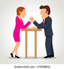 Simple cartoon of a businesswoman arm wrestling with a businessman