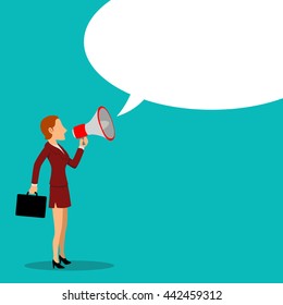 Simple cartoon of businesswoman with megaphone, promotion, advertisement concept