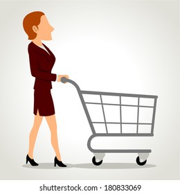 Simple cartoon of a businesswoman pushing a shopping cart