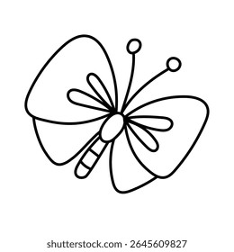 Simple cartoon butterfly coloring page for kids. Hand-drawn cute insect illustration with big wings and happy antennae