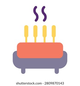 A simple cartoon cake with three lit candles on a purple tray with smoke rising