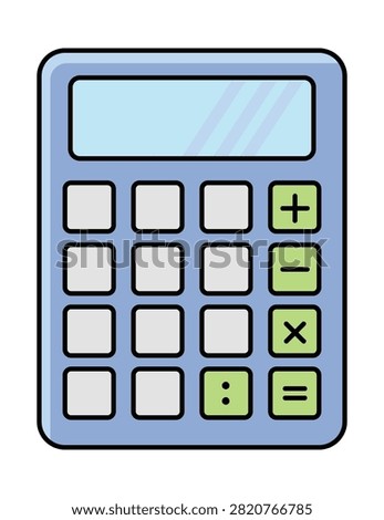 Simple cartoon calculator illustration with blue casing, a light blue screen, and grey number buttons alongside green arithmetic operation keys. Ideal for basic mathematical calculations and financial tasks.