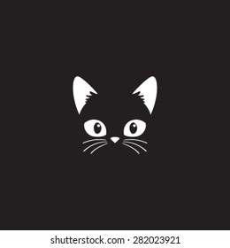 Simple cartoon cat icon on a black background. Vector Illustration.