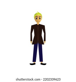 Simple Cartoon Character Design Of A Teen Boy With Yellow Hair, Full Body Avatar Of Standing Man, Vector Illustration Of Cute Handsome Young Gentleman