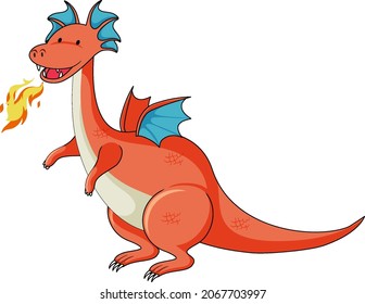 Simple cartoon character of dragon with breathing fire isolated illustration