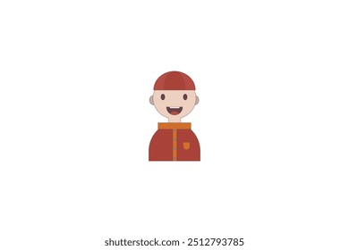 Simple cartoon character of a happy boy in a red cap and jacket, smiling on a white background.