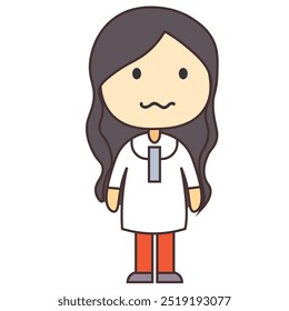 A simple cartoon character with long hair, wearing a white outfit and orange pants.