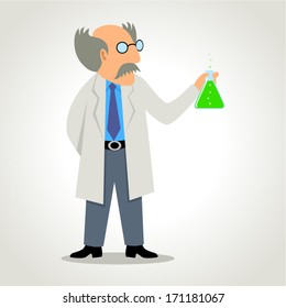 Simple cartoon of a chemist holding a flask of formula