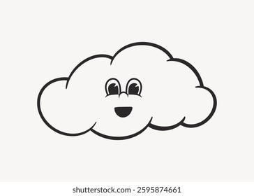 Simple cartoon cloud with a smiling face. The cloud has large eyes and a cheerful expression. Black and white cloud illustration with a happy vibe. Cute vector illustration.