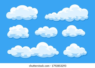 Simple cartoon clouds vector collection isolated on blue sky.