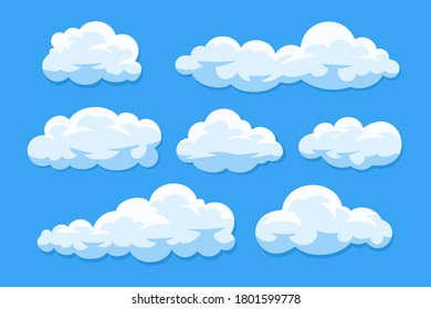 Simple cartoon clouds vector collection isolated on blue sky.