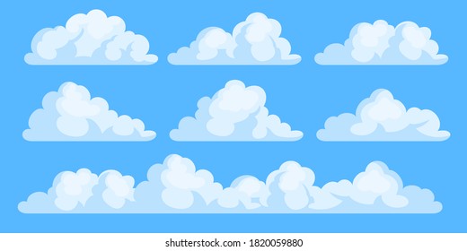 Simple cartoon clouds vector collection isolated on blue sky.