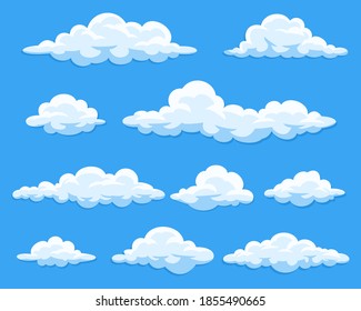 Simple cartoon clouds vector collection isolated on blue sky.