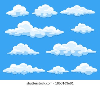 Simple cartoon clouds vector collection isolated on blue sky.