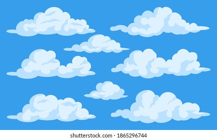 Simple cartoon clouds vector collection isolated on blue sky.