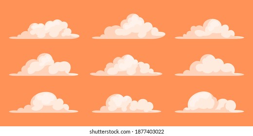 Simple cartoon clouds vector collection isolated on orange sky.