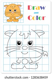 Simple cartoon coloring book for kids. Flat line doodle element isolated on white. Draw cat on the cells