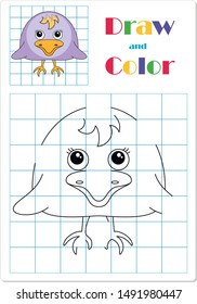 Simple cartoon coloring book for kids. Flat line doodle element isolated on white. Draw raven on the cells