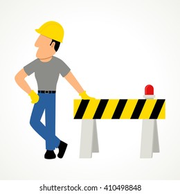Simple cartoon of a construction worker with roadblock