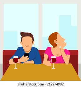 Simple cartoon of couple having a date, the male figure busy with his smart phone, the female figure got bored