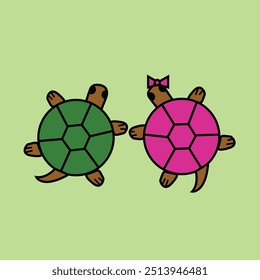 simple cartoon couple tortoise. green and pink color tortoise.