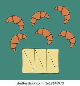 Simple cartoon croissant drawing set, color line art. Isolated vector illustration. Flat illustration of croissants vector icons. Dough for croissants. 