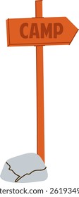 A simple cartoon depicts a wooden signpost with an arrow indicating 'CAMP'.  A sturdy post supports the arrow and rests on a boulder at its base. Cartoon vector illustration
