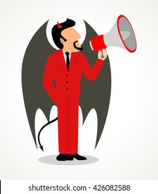 Simple cartoon of the devil with megaphone. Business, persuasive, provocative, commercial concept