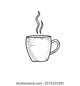 Simple cartoon doodle line drawing of a mug or cup with steam.