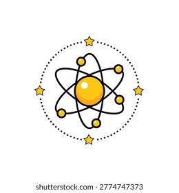 a simple cartoon drawing of an atom with a large yellow nucleus and six orbiting electrons depicted as small yellow circles connected by black lines. The atom is surrounded by a dotted circle and five yellow stars on a white background.