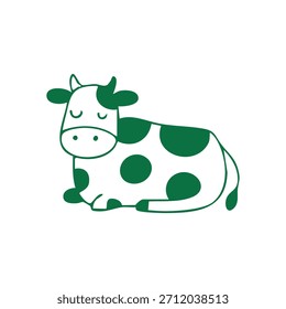 Un dibujo de dibujos animados simple de una vaca manchada en blanco y negro con acentos verdes sobre un fondo blanco.